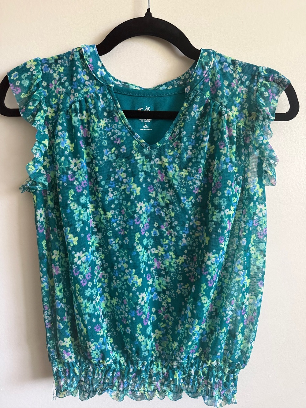 Justice Girls L 12/14 Teal Floral Mesh Ruffle Top Layered Cami